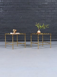 Pair of Hollywood Regency Faux Brass Bamboo & Glass Side Tables