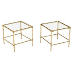 Pair of Hollywood Regency Faux Brass Bamboo & Glass Side Tables