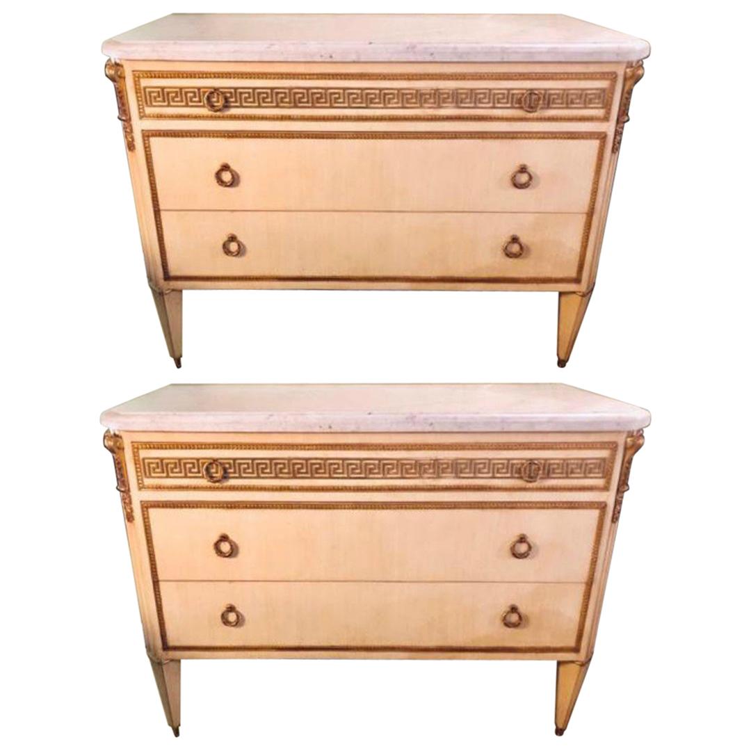 Pair of Hollywood Regency Faux Linen Greek Key Design White Marble-Top Commodes
