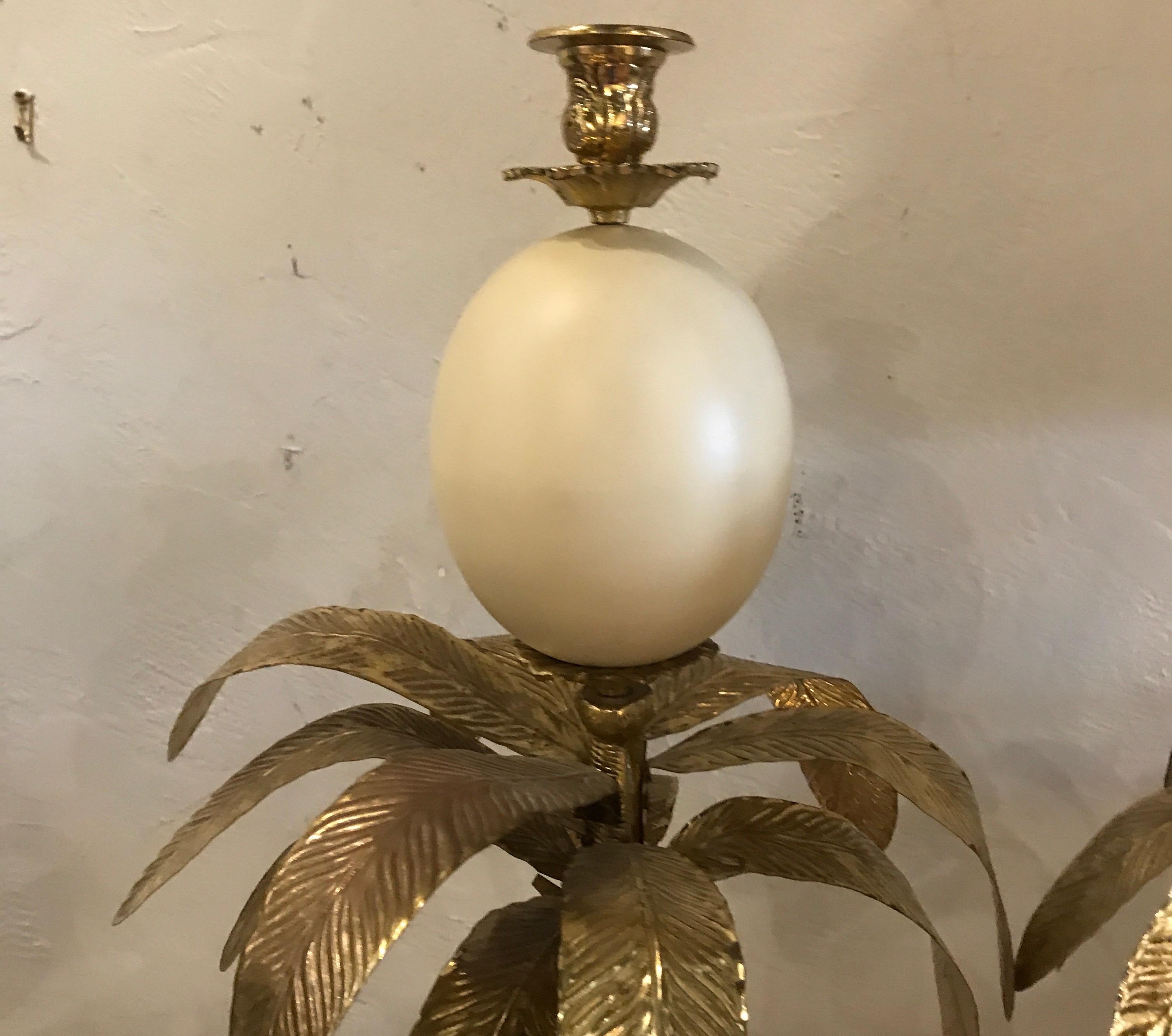 Brass Pair of Hollywood Regency Faux Ostrich Egg, Ostrich & Palm Tree Candlesticks