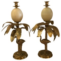 Pair of Hollywood Regency Faux Ostrich Egg, Ostrich & Palm Tree Candlesticks
