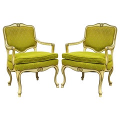 Pair of Hollywood Regency French Louis XV Cream Green Fireside Lounge Armchair