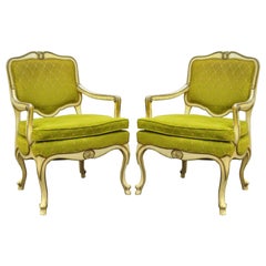 Vintage Pair of Hollywood Regency French Louis XV Cream Green Fireside Lounge Armchair