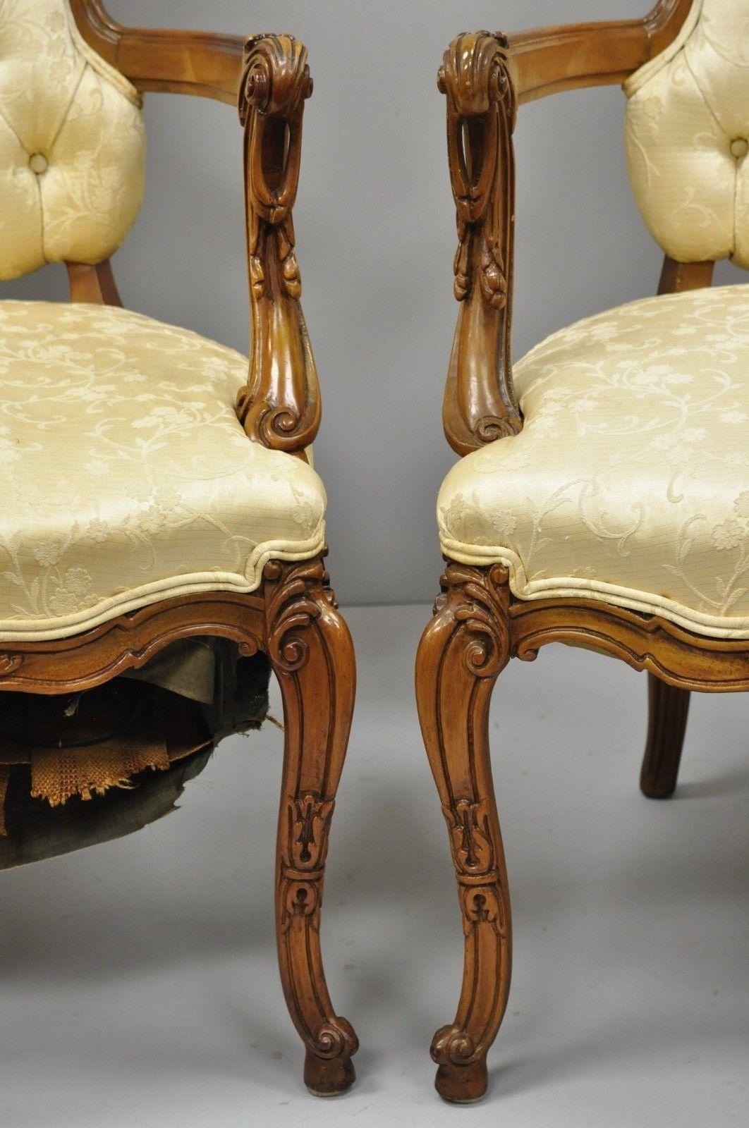 Pair of Hollywood Regency French Louis XV Style Carved Chairs Fireside Armchairs For Sale 4