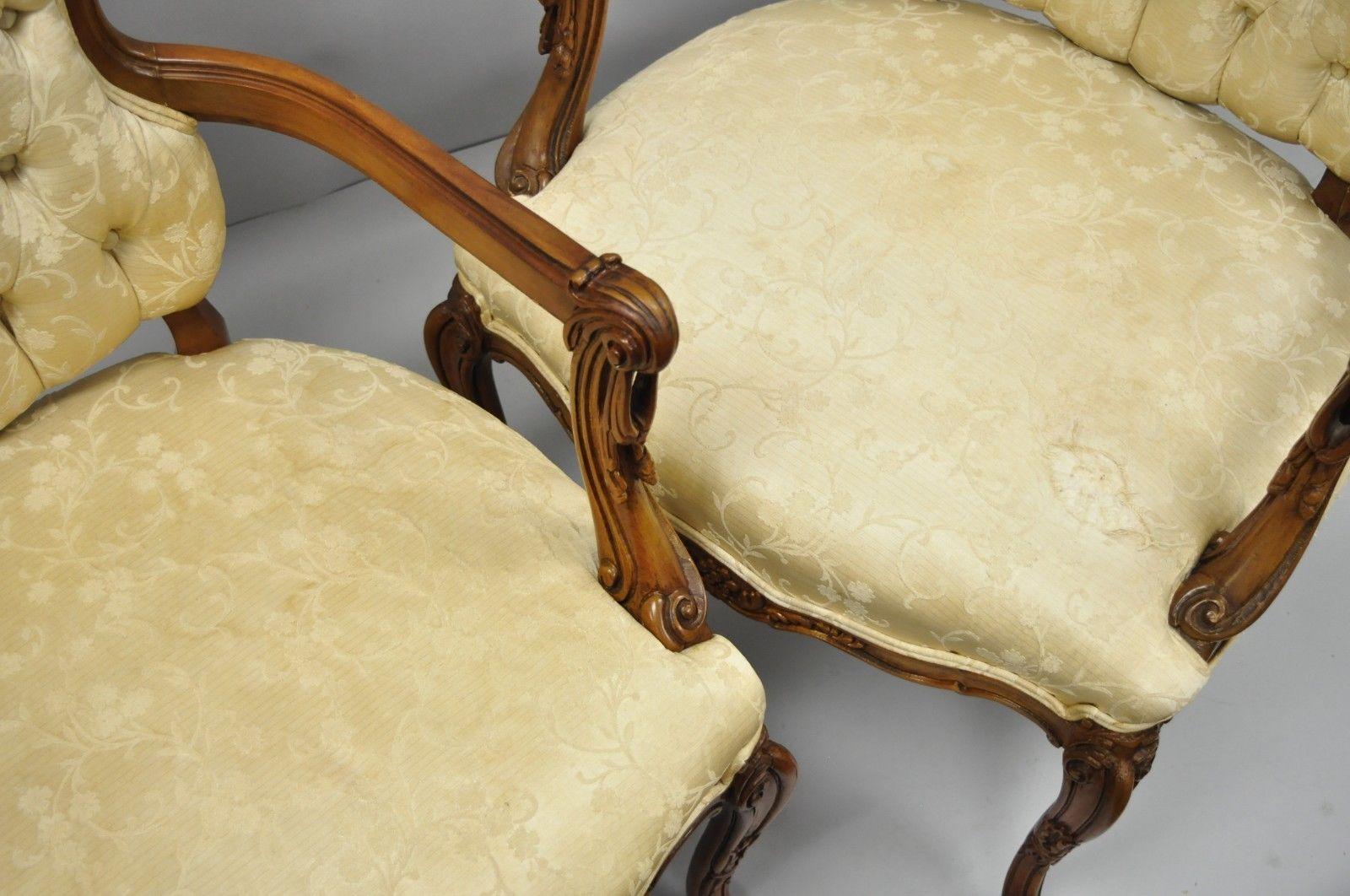 Pair of Hollywood Regency French Louis XV Style Carved Chairs Fireside Armchairs For Sale 5