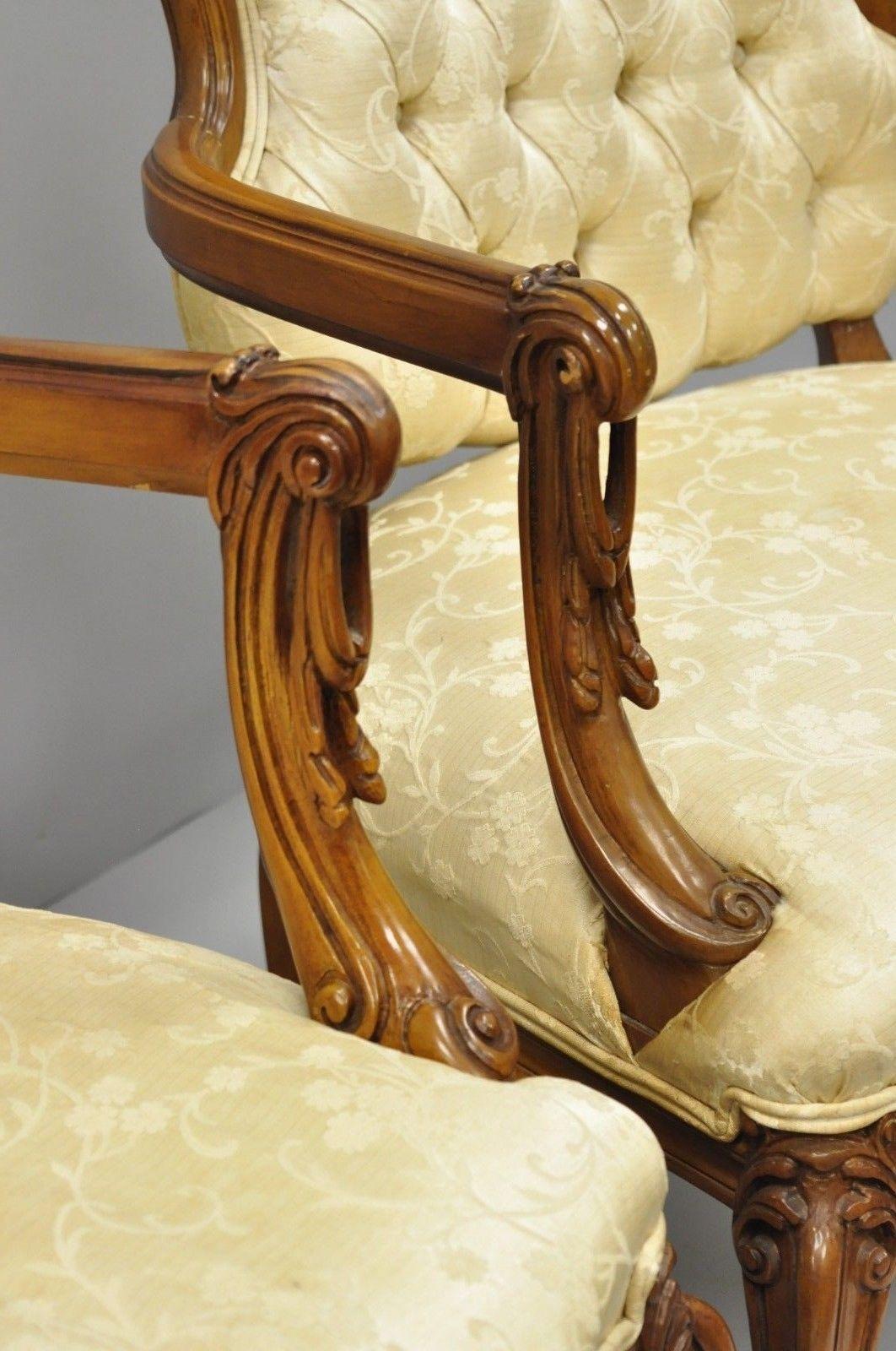 Pair of Hollywood Regency French Louis XV Style Carved Chairs Fireside Armchairs In Good Condition For Sale In Philadelphia, PA