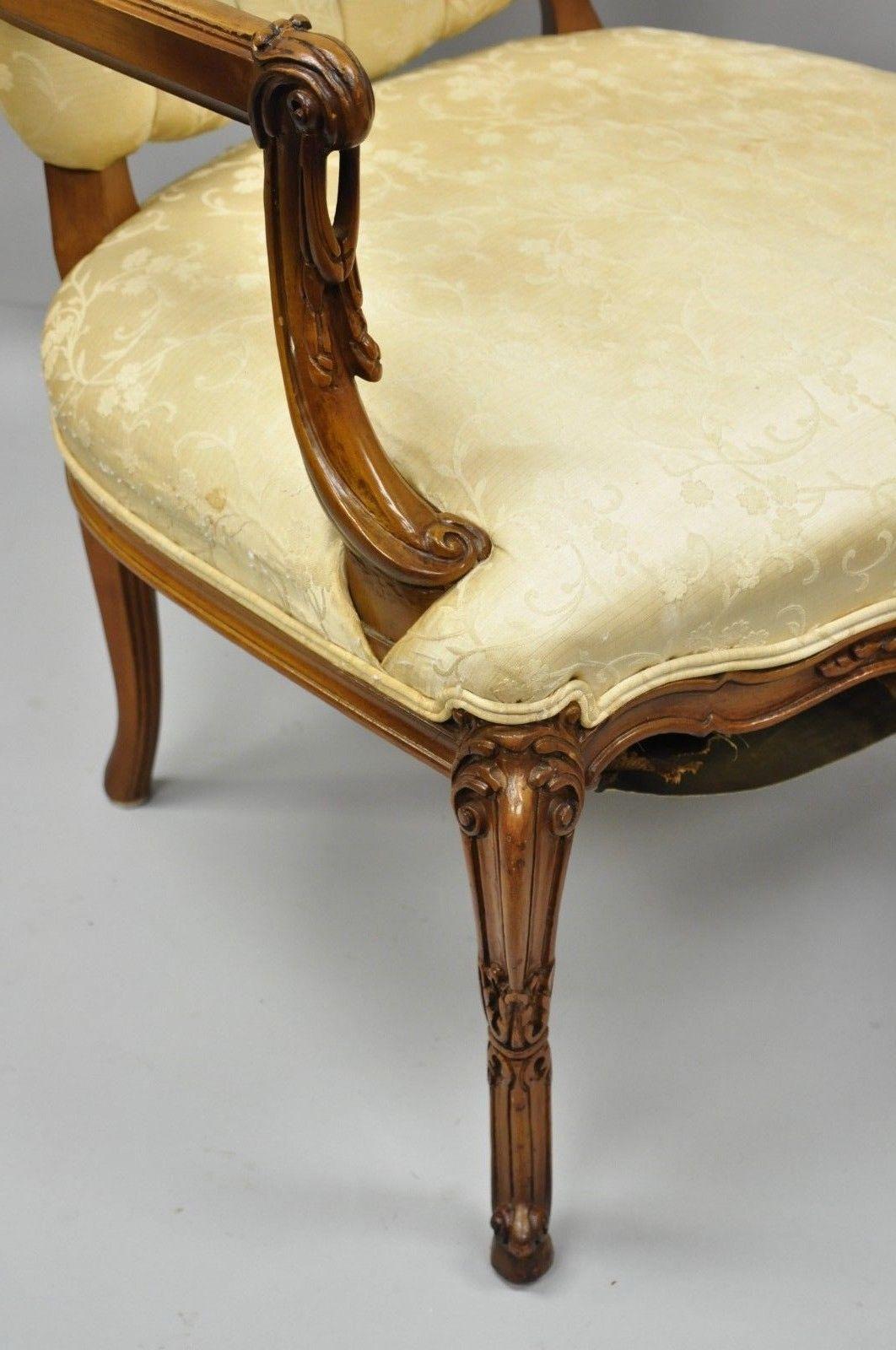 Pair of Hollywood Regency French Louis XV Style Carved Chairs Fireside Armchairs For Sale 1