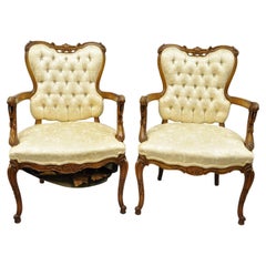 Antique Pair of Hollywood Regency French Louis XV Style Carved Chairs Fireside Armchairs