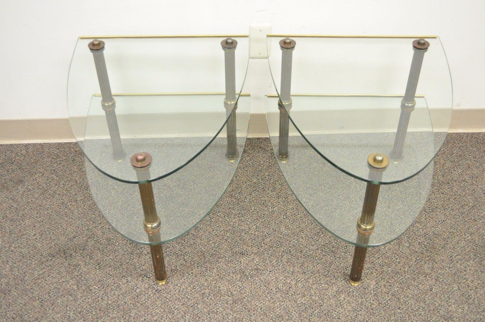 Neoclassical Pair of Hollywood Regency French Style Brass and Glass Two-Tier Side Tables