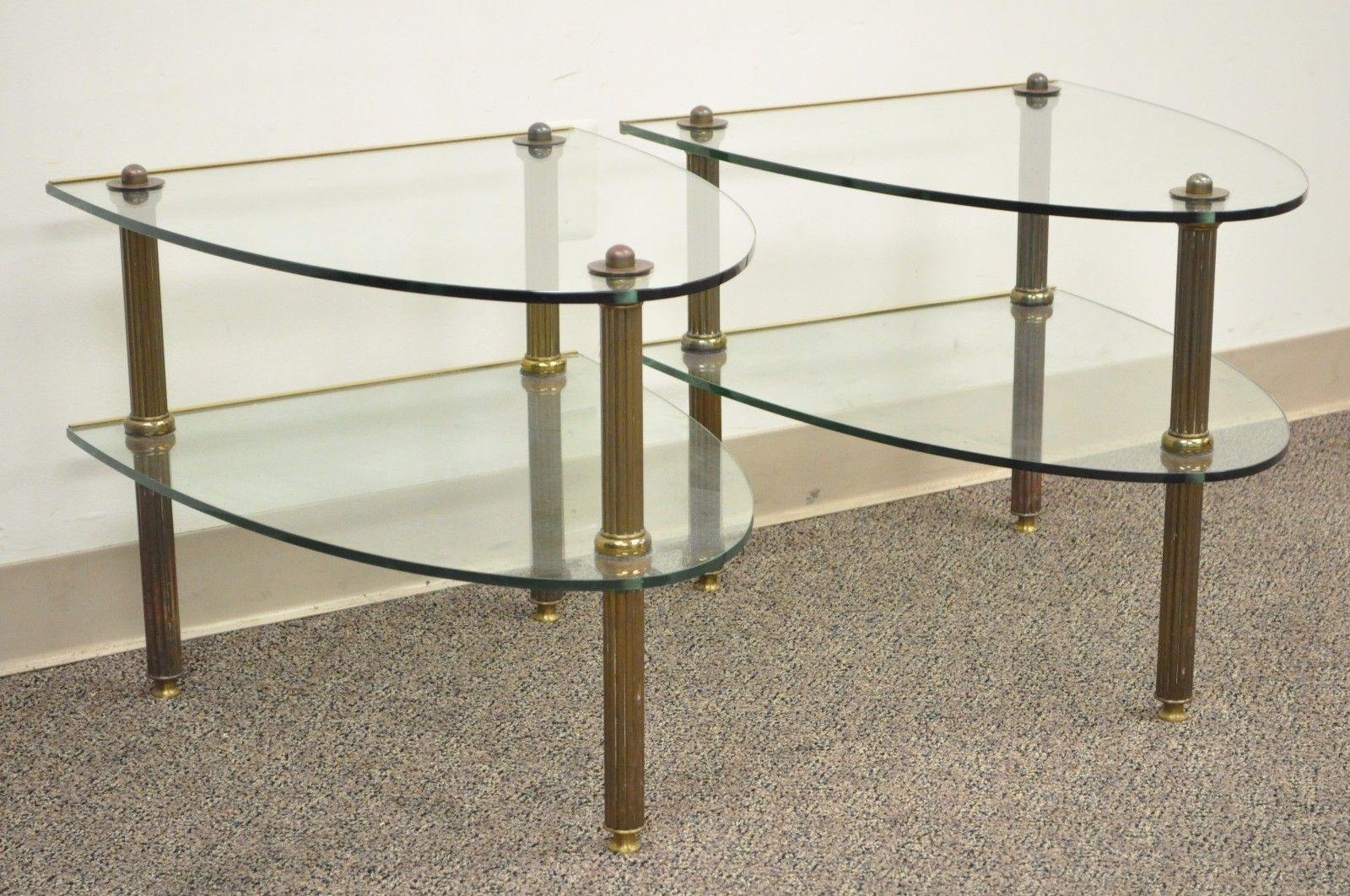 European Pair of Hollywood Regency French Style Brass and Glass Two-Tier Side Tables