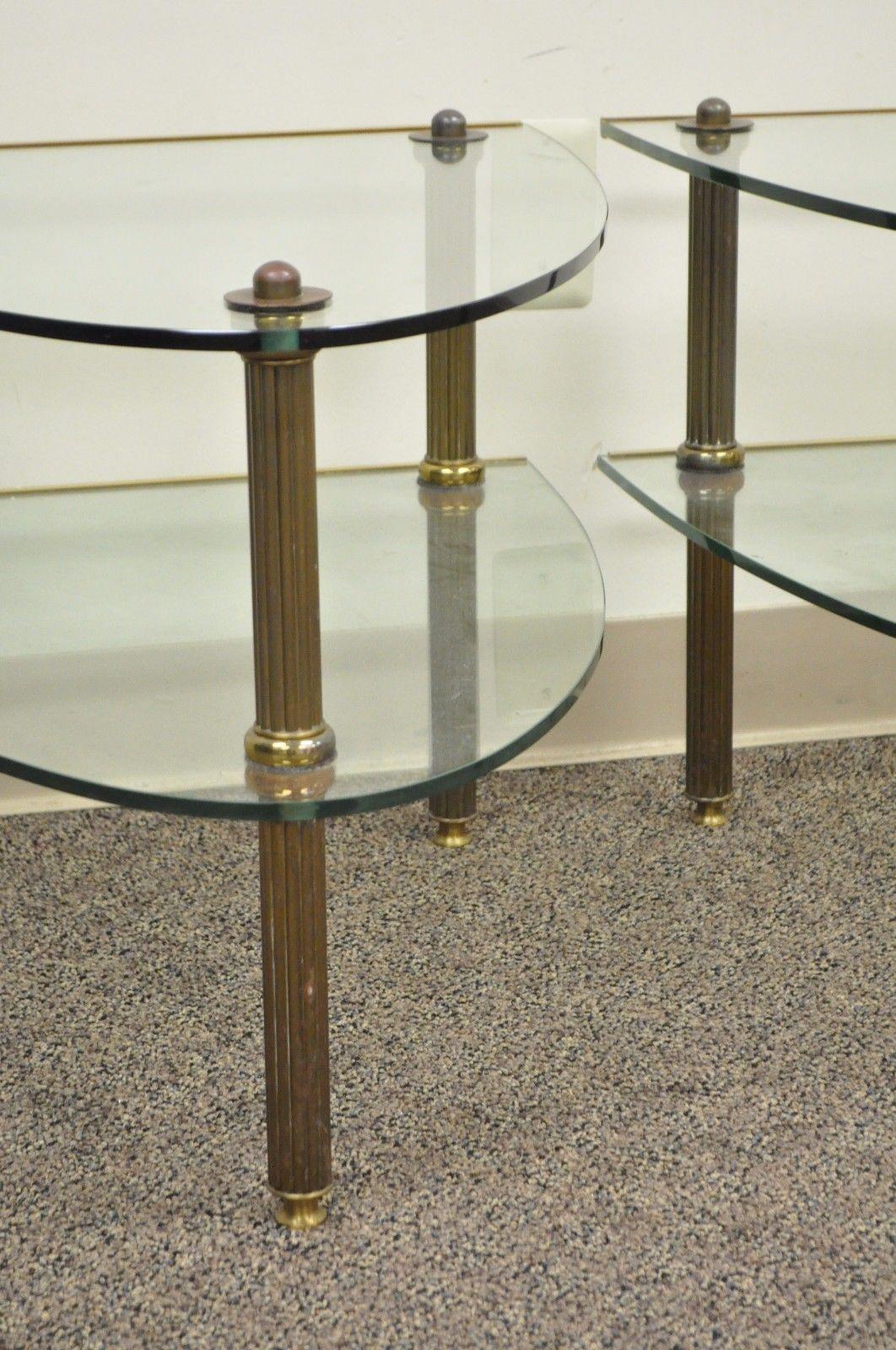 Mid-20th Century Pair of Hollywood Regency French Style Brass and Glass Two-Tier Side Tables