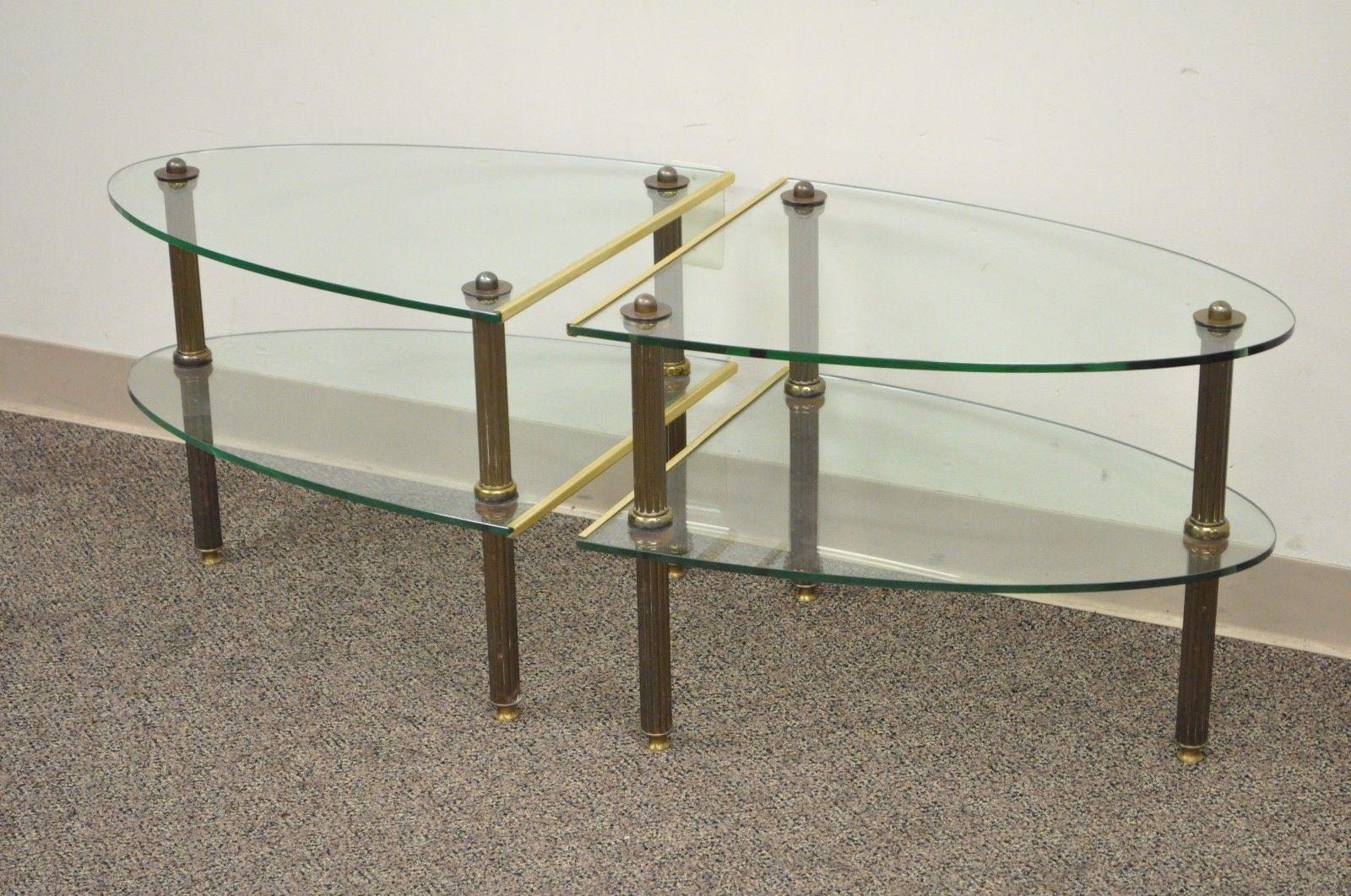 Pair of Hollywood Regency French Style Brass and Glass Two-Tier Side Tables 2