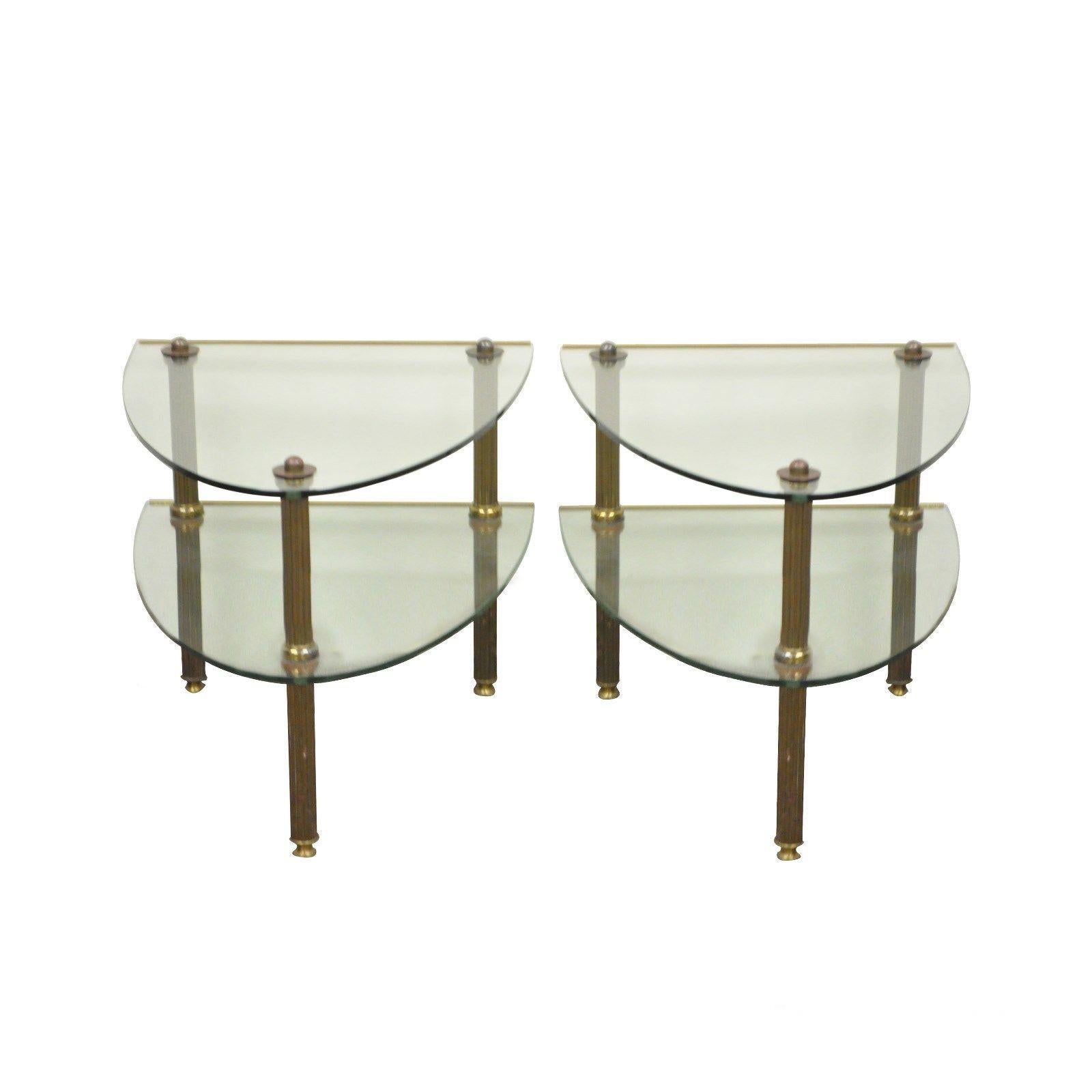 Pair of Hollywood Regency French Style Brass and Glass Two-Tier Side Tables