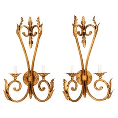 Pair of Hollywood Regency Gilded Iron Sconces