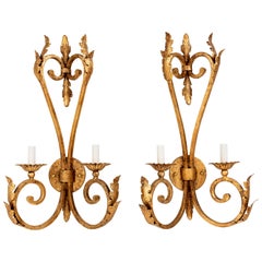 Pair of Hollywood Regency Gilded Iron Sconces