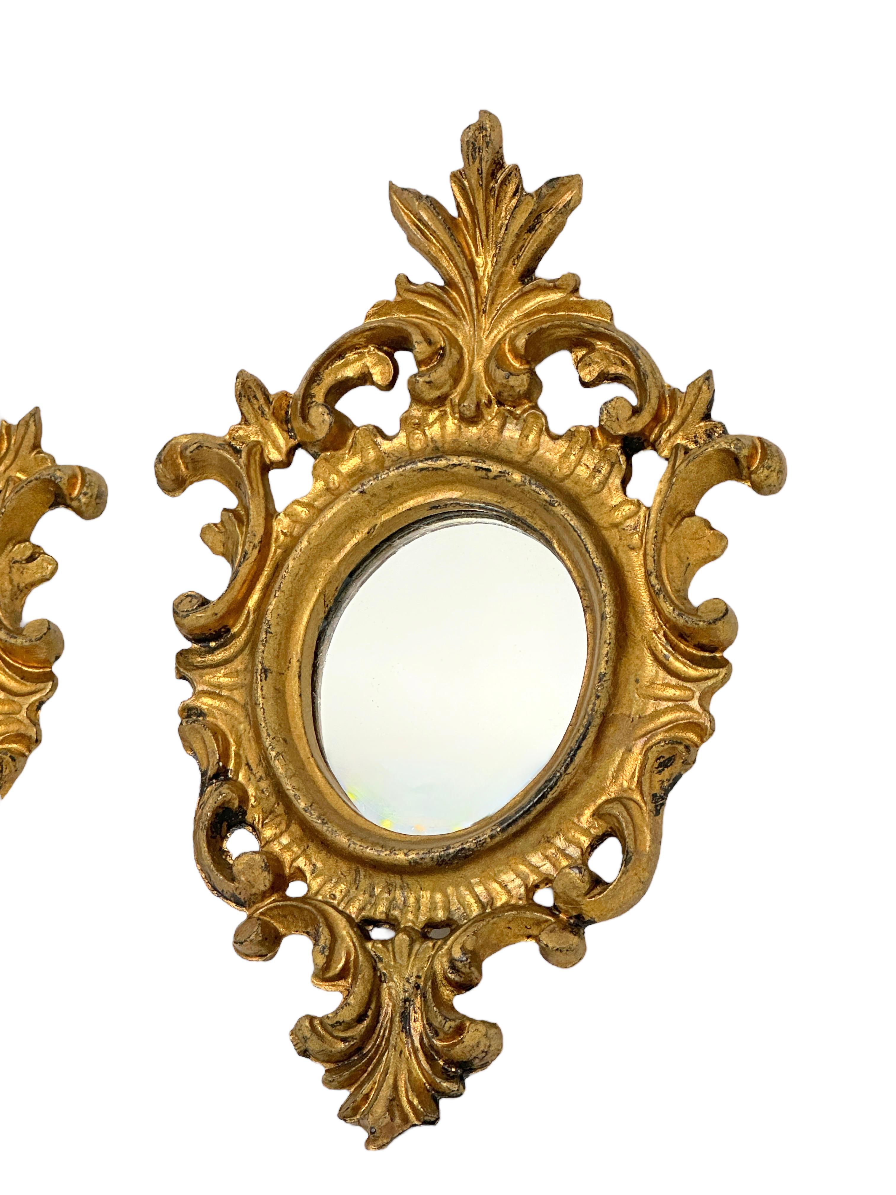 Gilt Pair of Hollywood Regency Gilded Tole Toleware Vanity Mirror Vintage Italy 1950s