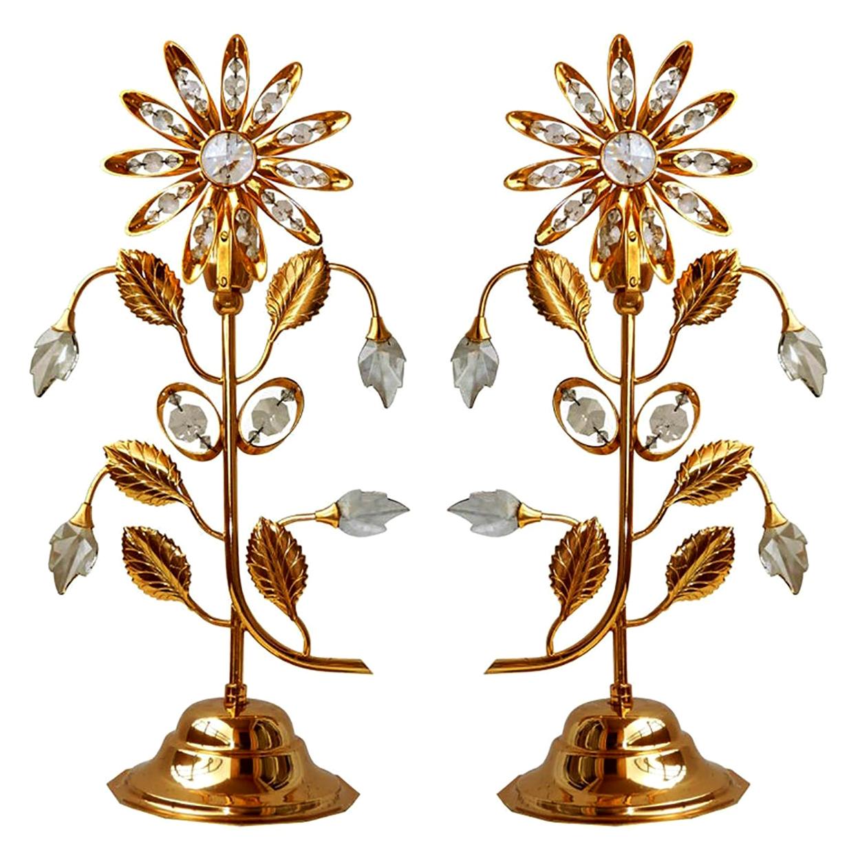 Pair of Hollywood Regency Gilt Brass and Crystal Flowers Table Lamps Palwa Style