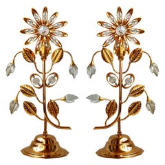 Pair of Hollywood Regency Gilt Brass and Crystal Flowers Table Lamps Palwa Style