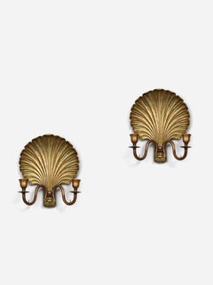 Pair of Hollywood Regency Gilt Brass Shell Candle Sconces w/ Scroll Arms