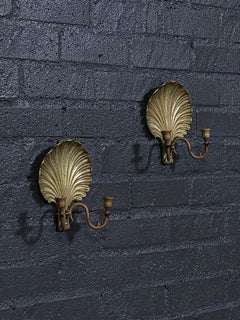 Pair of Hollywood Regency Gilt Brass Shell Candle Sconces w/ Scroll Arms