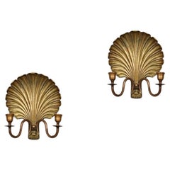 Pair of Hollywood Regency Gilt Brass Shell Candle Sconces w/ Scroll Arms
