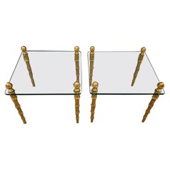 Pair of Hollywood Regency Gilt Bronze 
Thick Glass End Tables