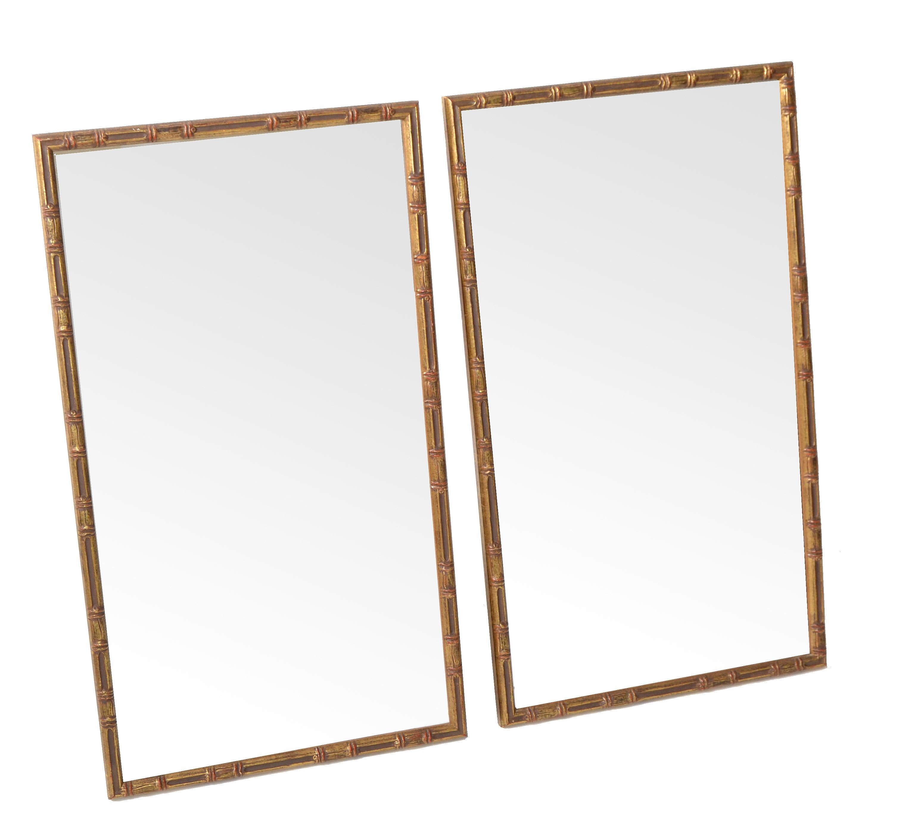 American Pair of Hollywood Regency Gilt Faux Bamboo Wall Mirror