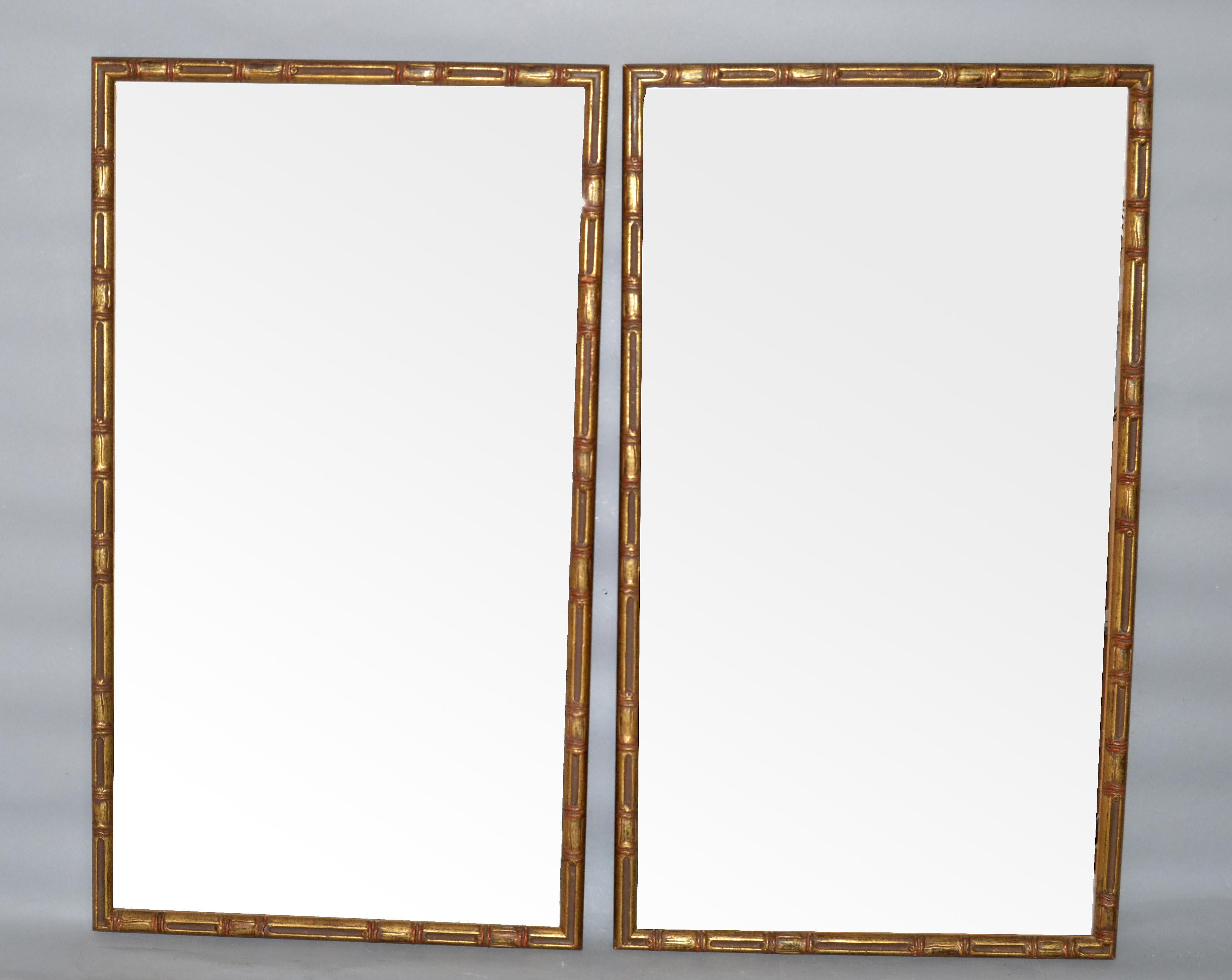 Pair of Hollywood Regency Gilt Faux Bamboo Wall Mirror In Good Condition In Miami, FL
