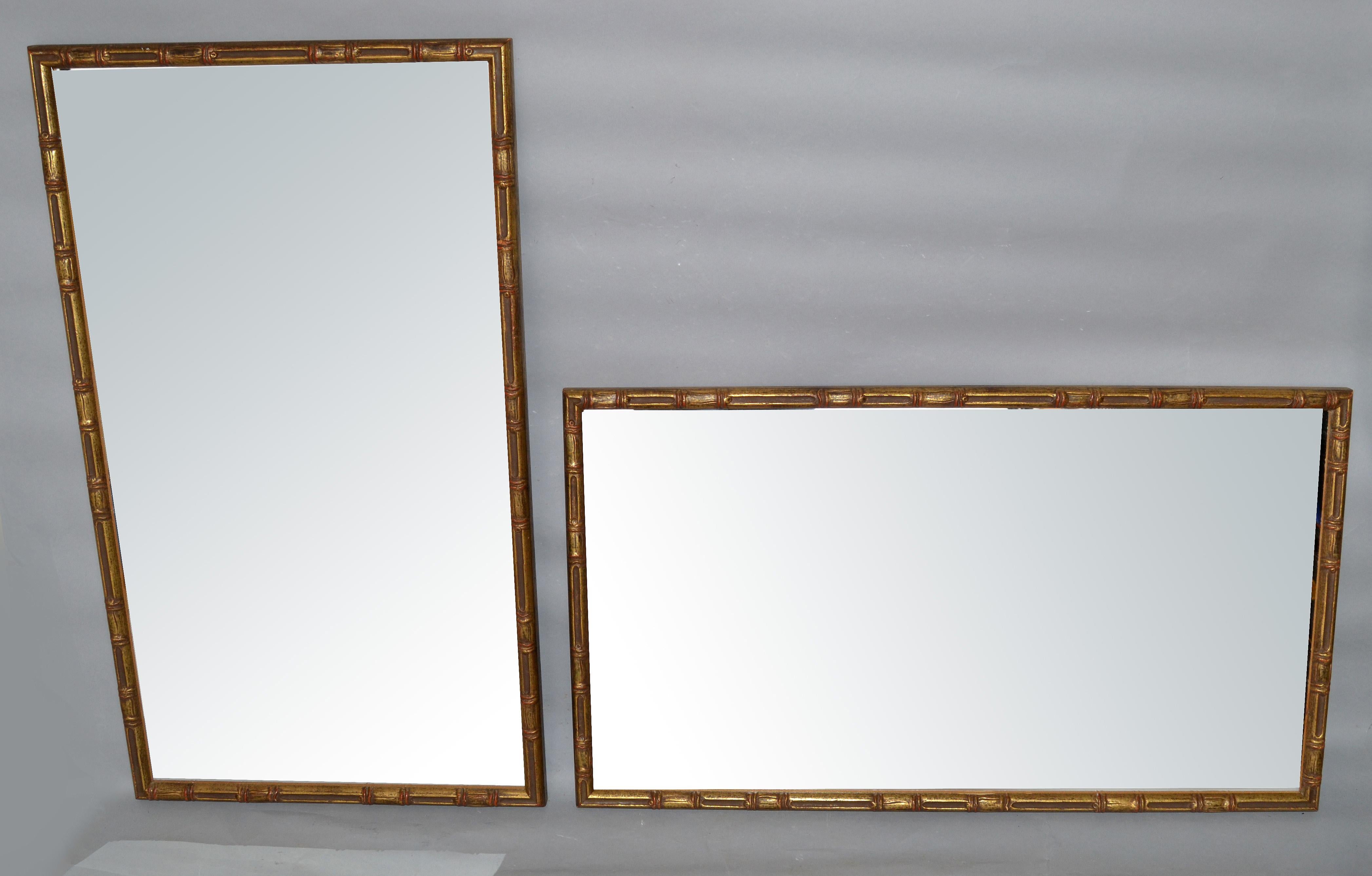 Mid-20th Century Pair of Hollywood Regency Gilt Faux Bamboo Wall Mirror