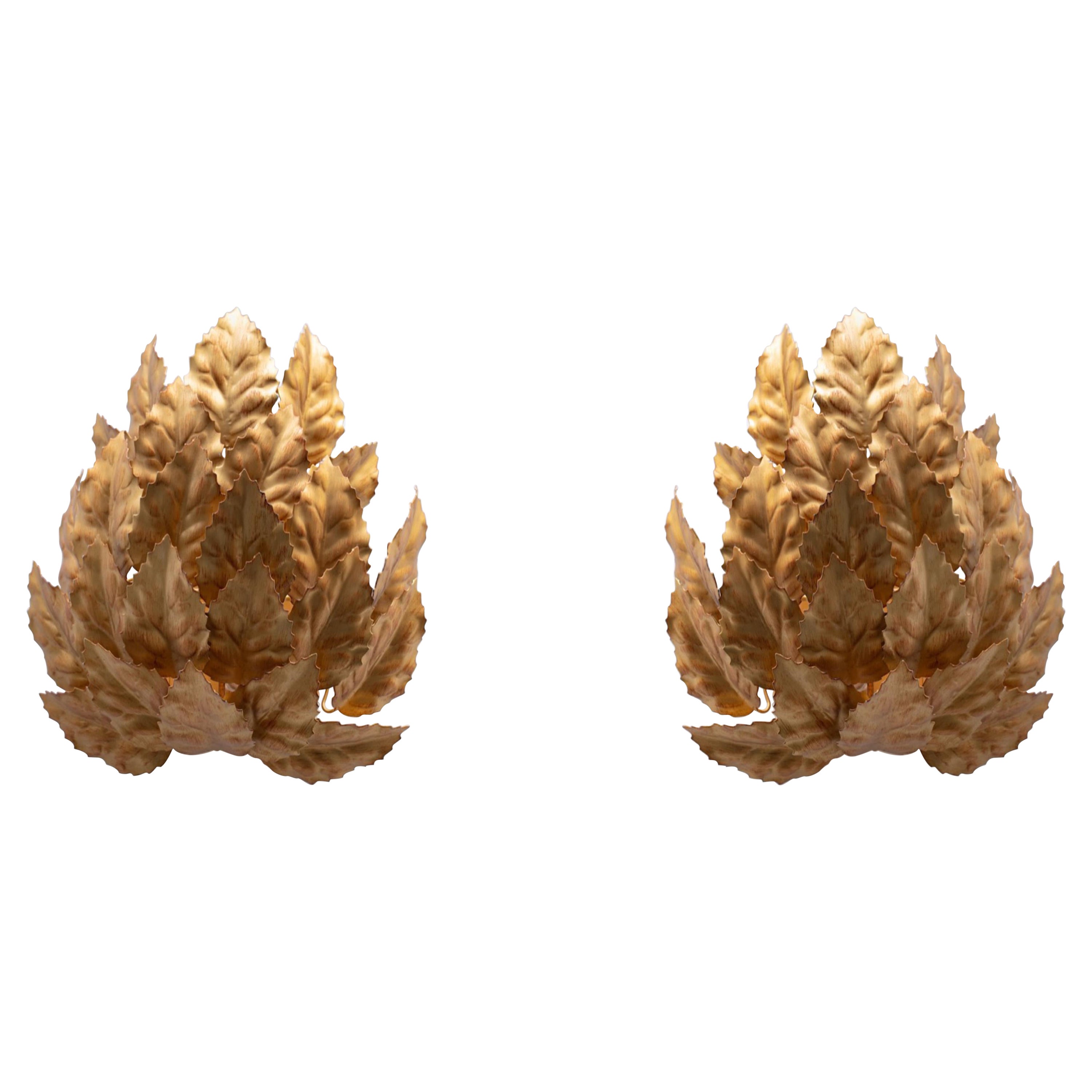 Pair of Hollywood Regency Gilt Holy Leaf Bouquet Themed Sconces, c. 1965 For Sale