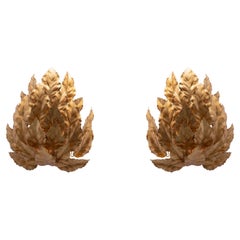 Pair of Hollywood Regency Gilt Holy Leaf Bouquet Themed Sconces, c. 1965