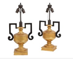 Pair of Hollywood Regency Giltwood & Ebony Urn Form Table Lamps