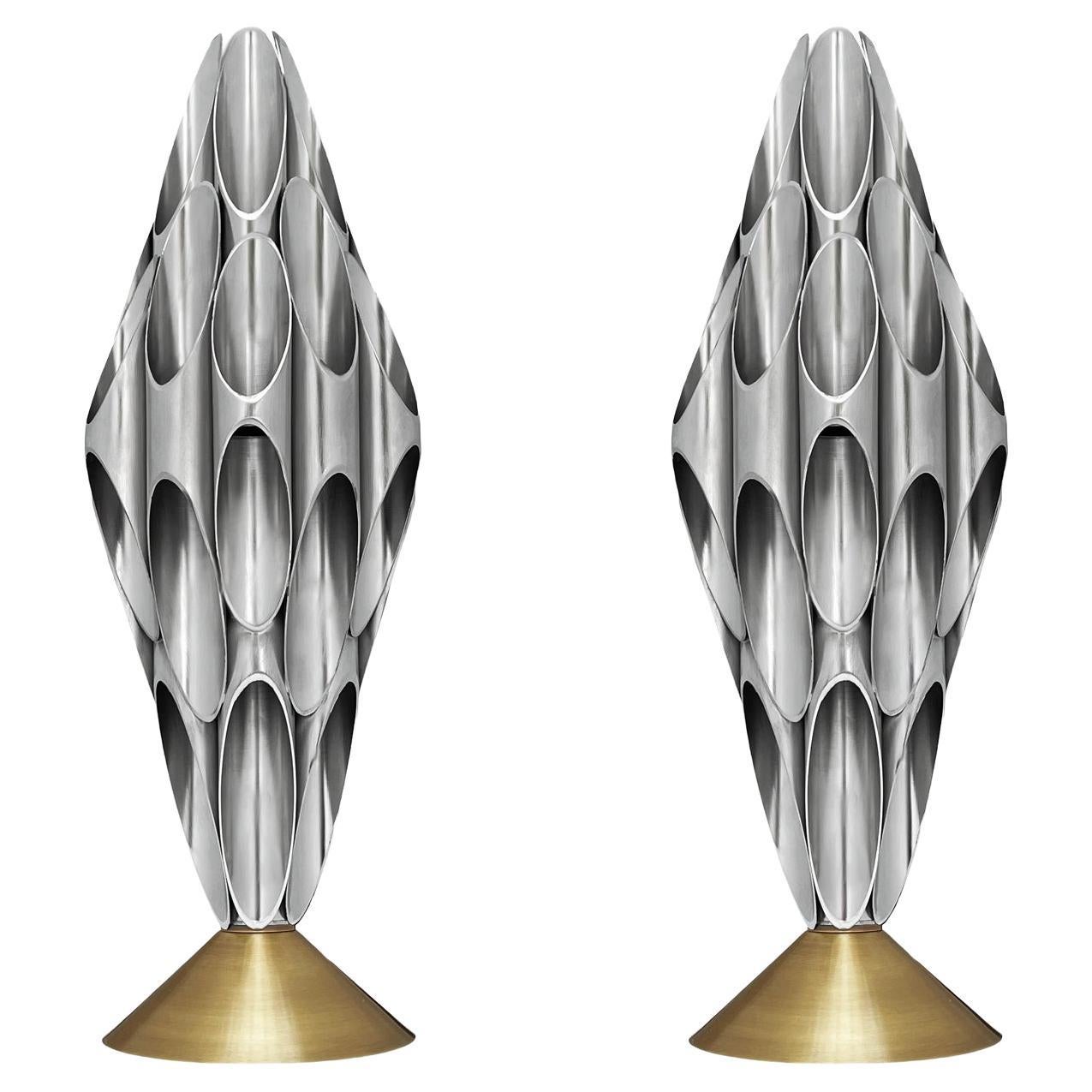 Pair of Hollywood Regency Glam Table Sculpture Accent Lamps in Gold & Silver For Sale