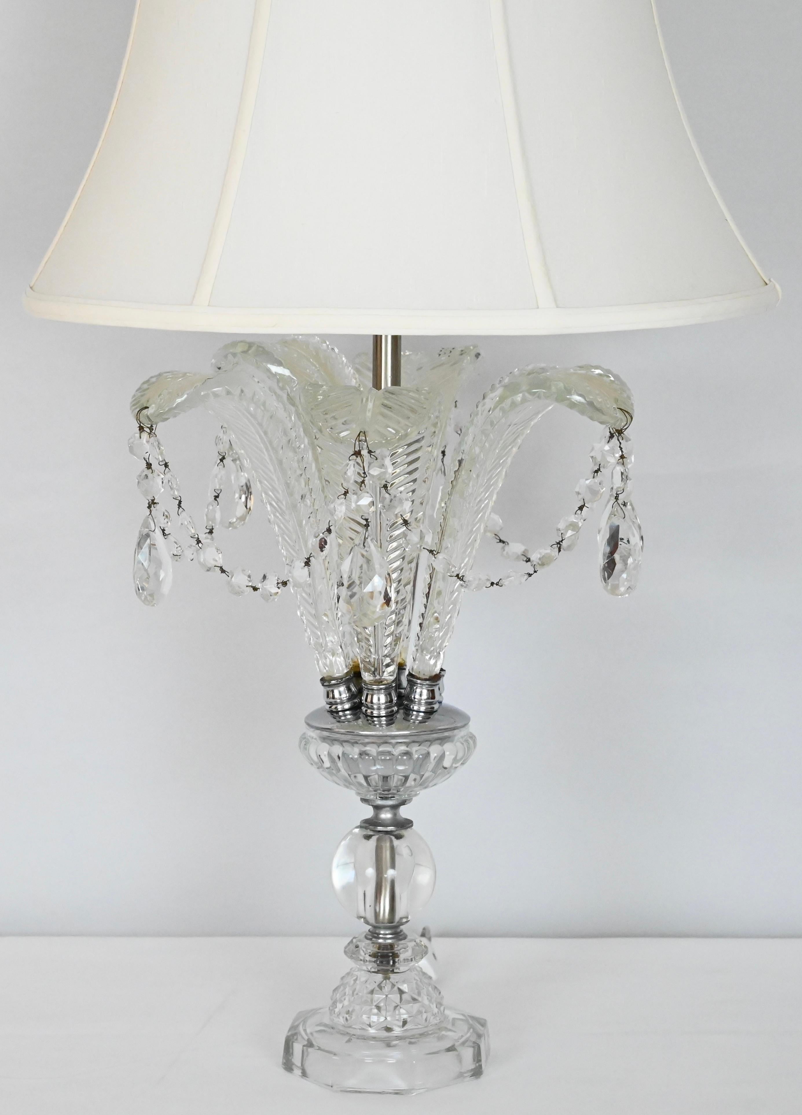 Pair of Hollywood Regency Glass and Cut Crystal Table Lamps In Good Condition For Sale In Miami, FL