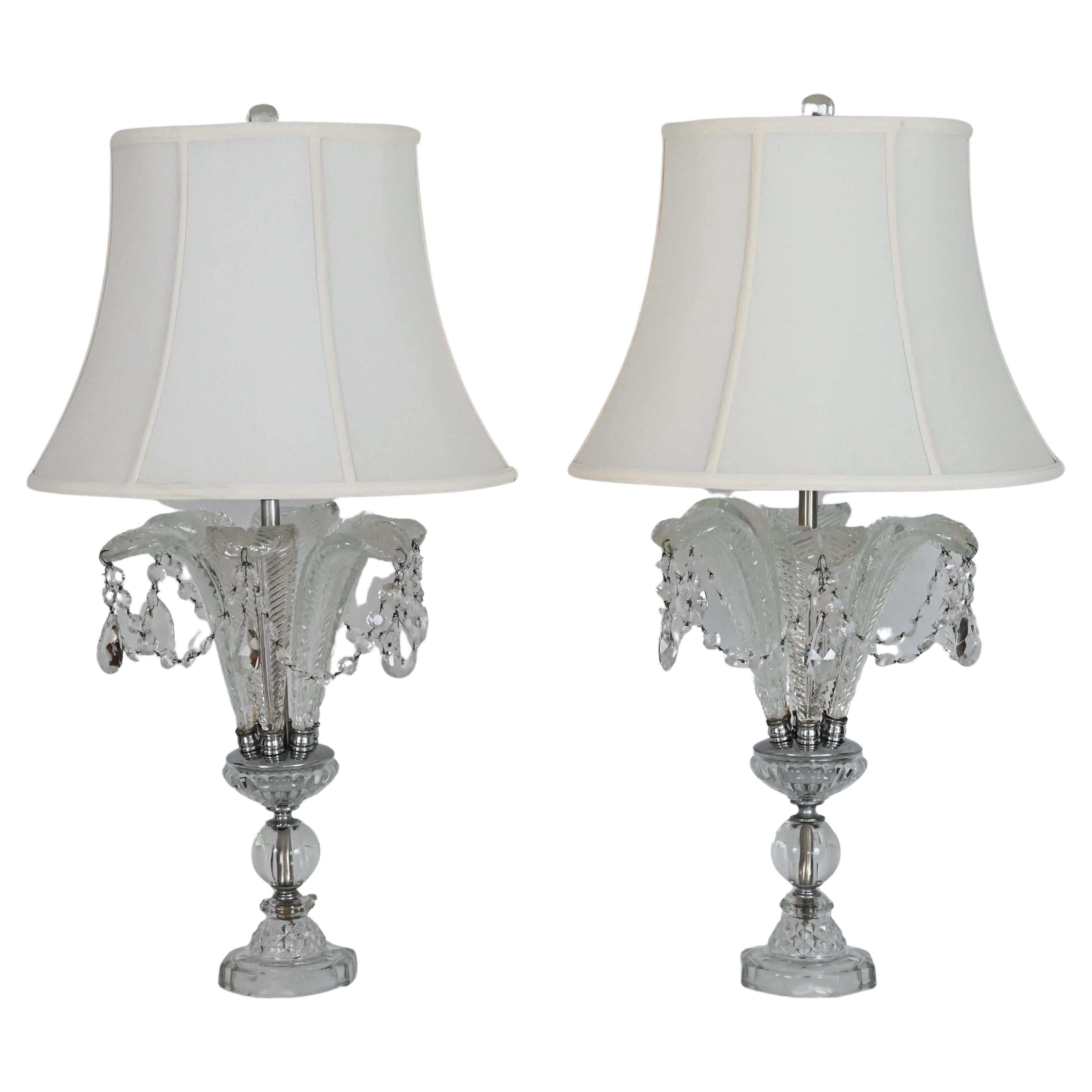 Pair of Hollywood Regency Glass and Cut Crystal Table Lamps For Sale