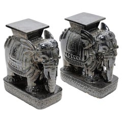 Pair of Hollywood Regency Glazed Ceramic Elephant Stools