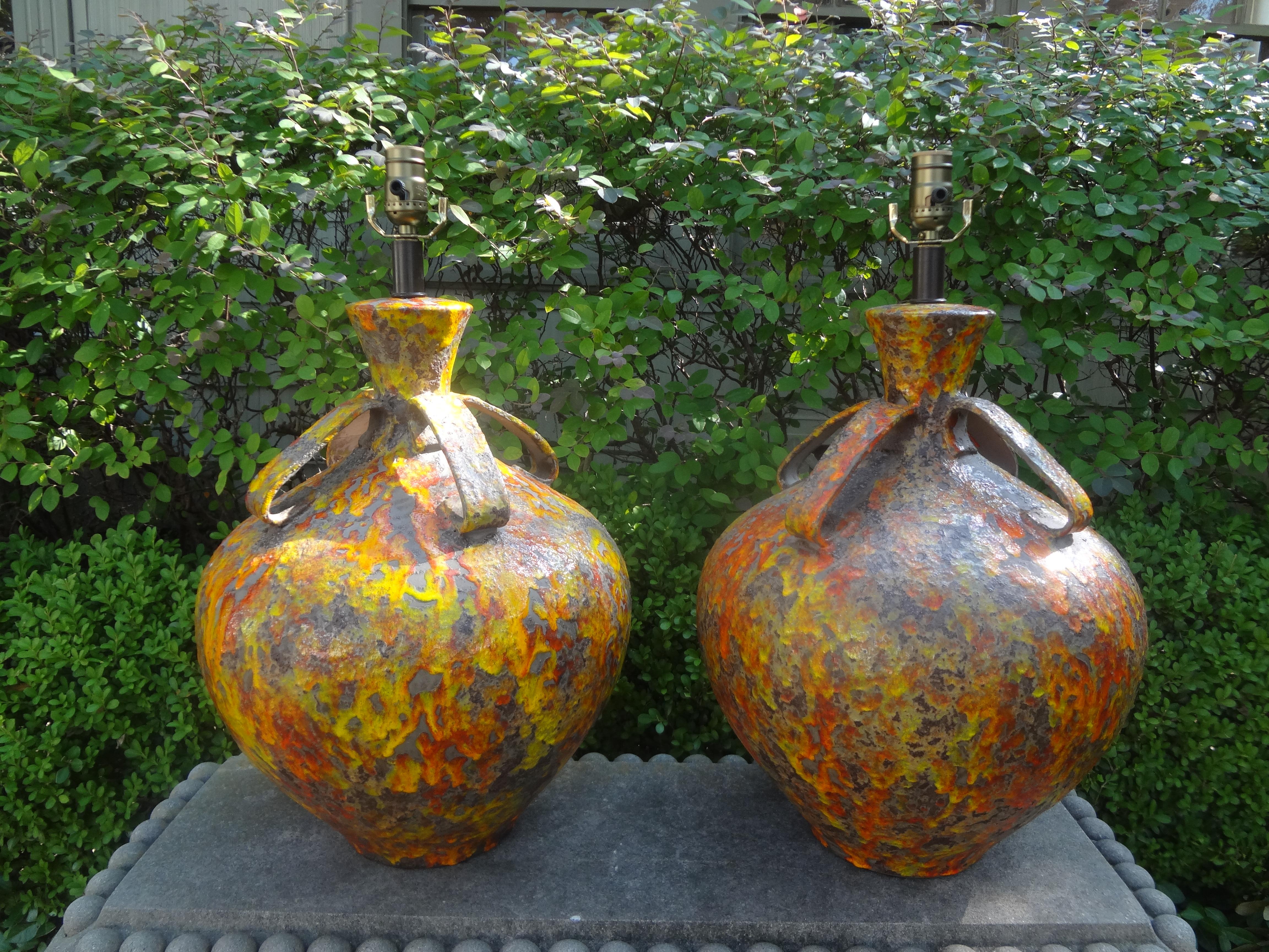 Pair of Hollywood Regency Glazed Ceramic Lamps For Sale 8