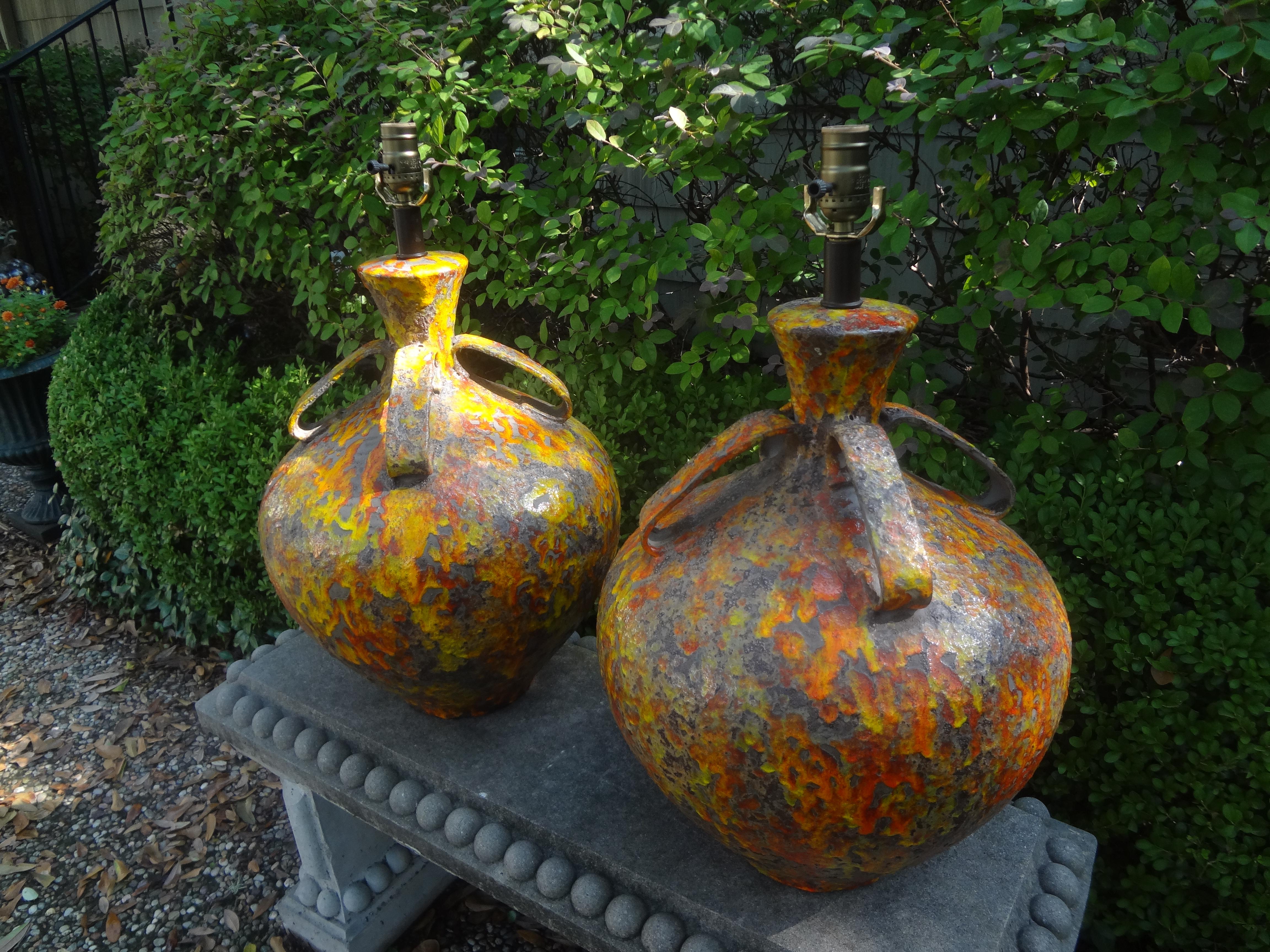 Pair of Hollywood Regency Glazed Ceramic Lamps For Sale 2