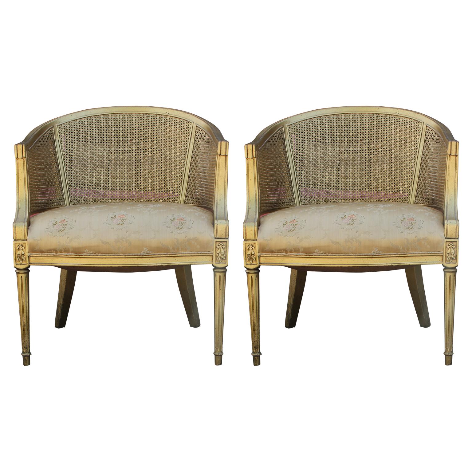 Pair of Hollywood Regency Gold Cane Barrel Back Lounge Chairs
