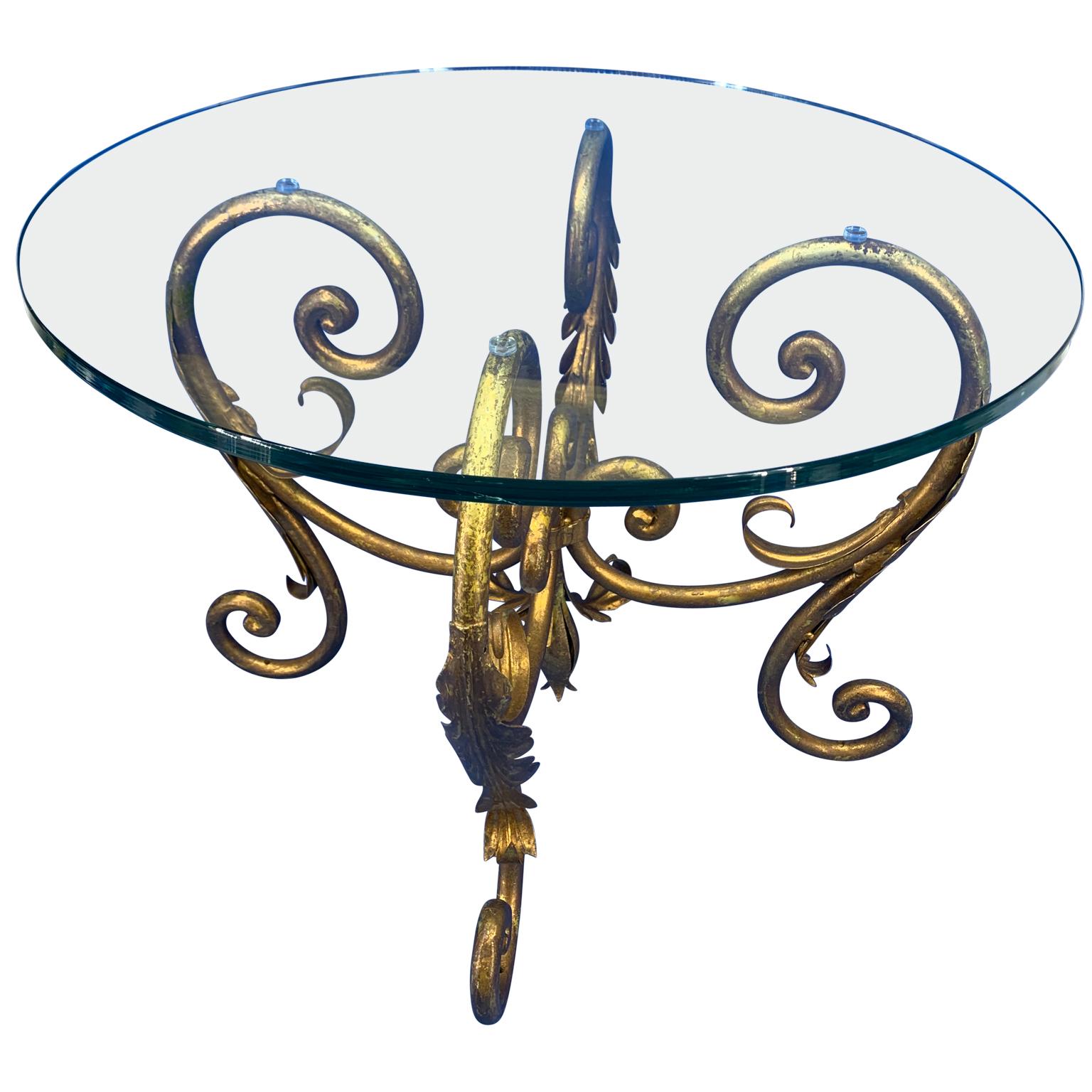 20th Century Pair of Round Italian Gilt Metal and Glass Top Side Tables