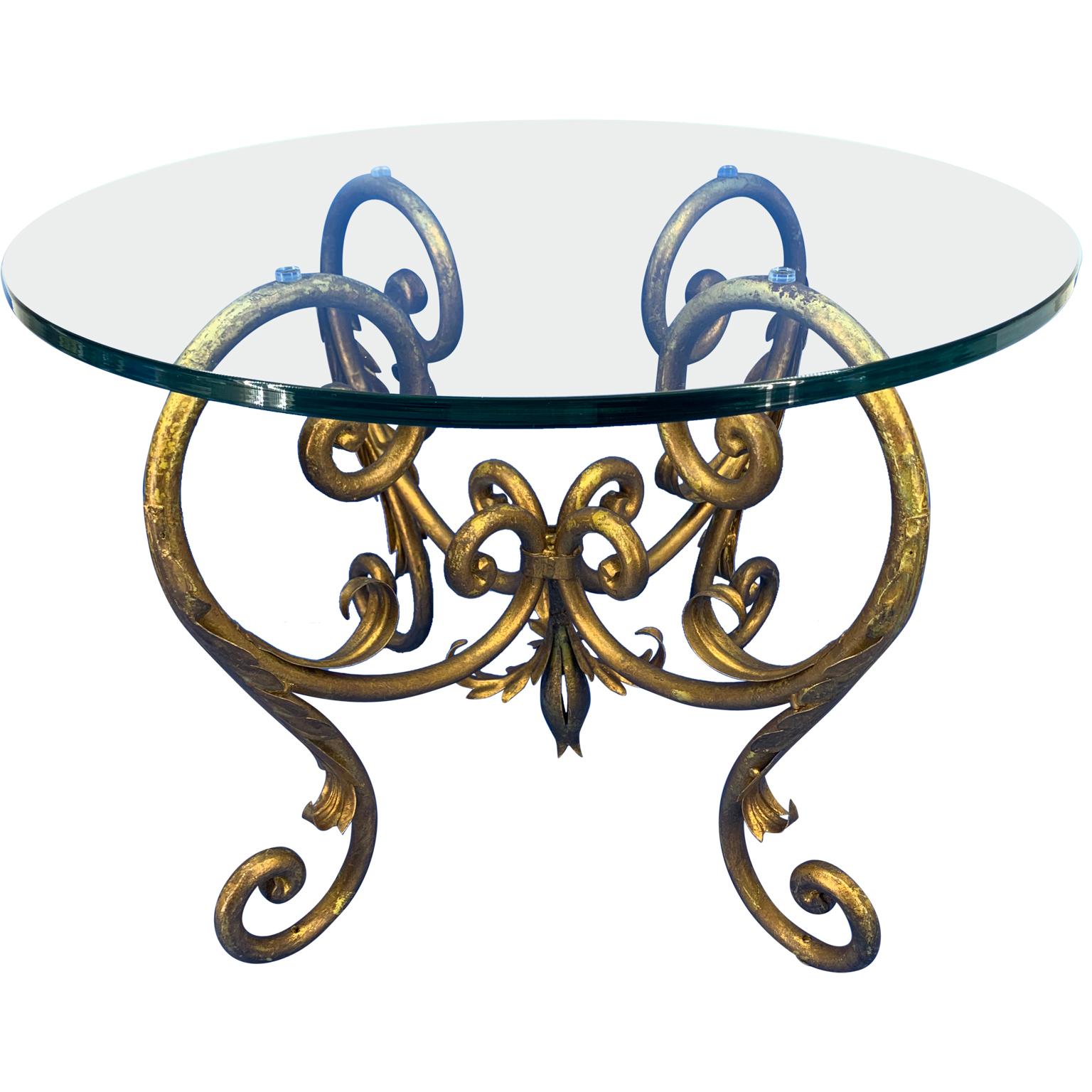 Hollywood Regency Pair of Round Italian Gilt Metal and Glass Top Side Tables