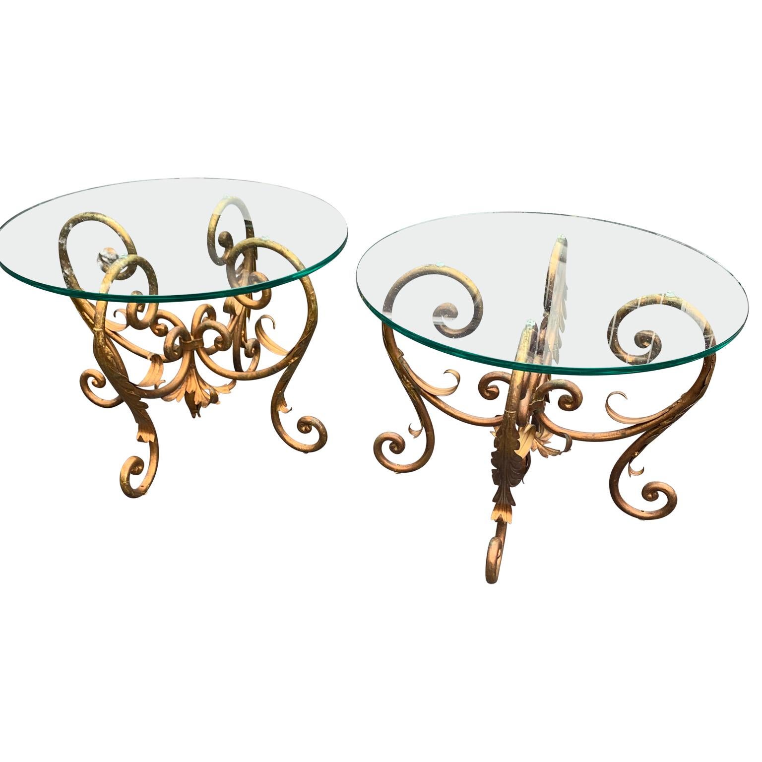 American Pair of Round Italian Gilt Metal and Glass Top Side Tables