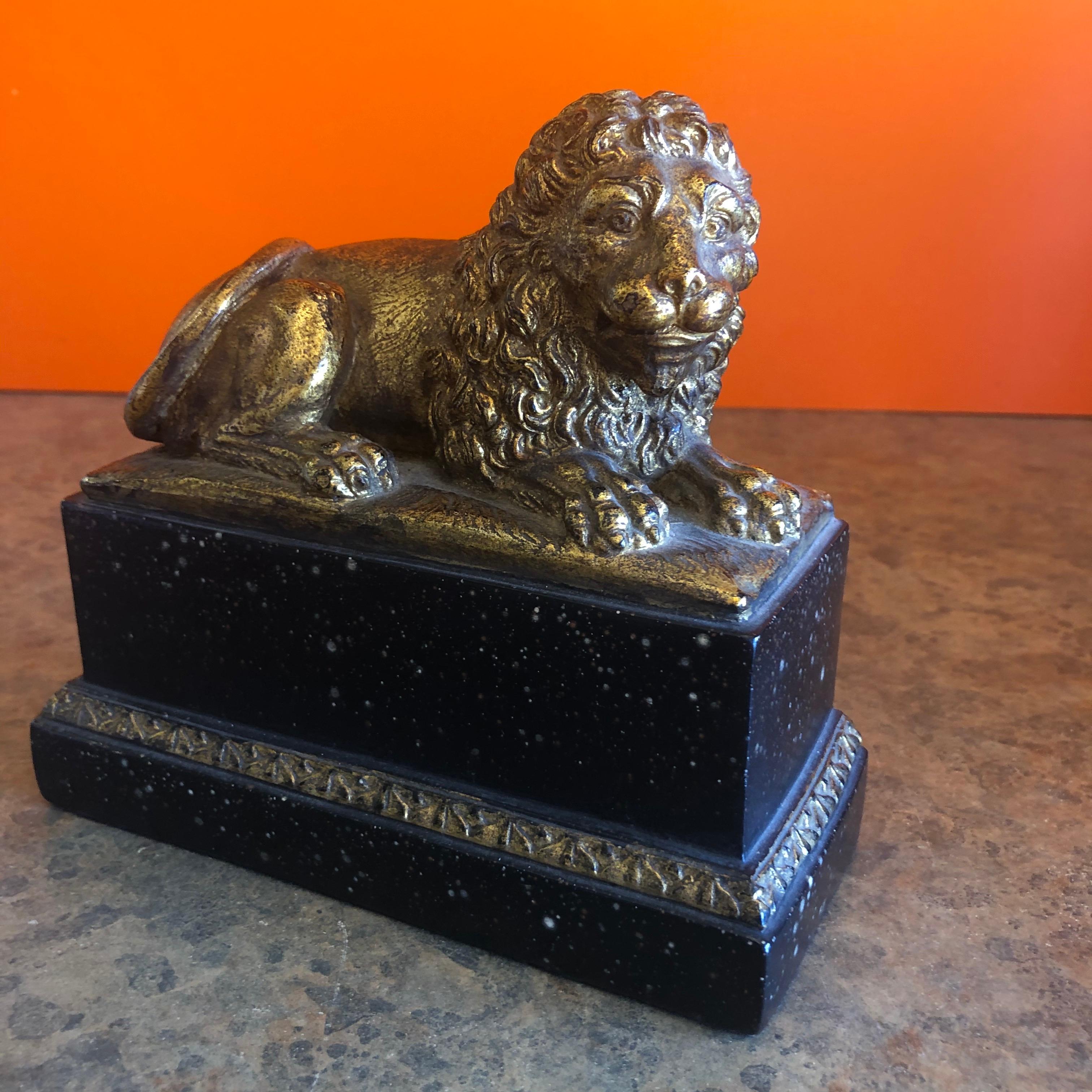 Cast Pair of Hollywood Regency Gold Gilt Lion Bookends by Borghese For Sale
