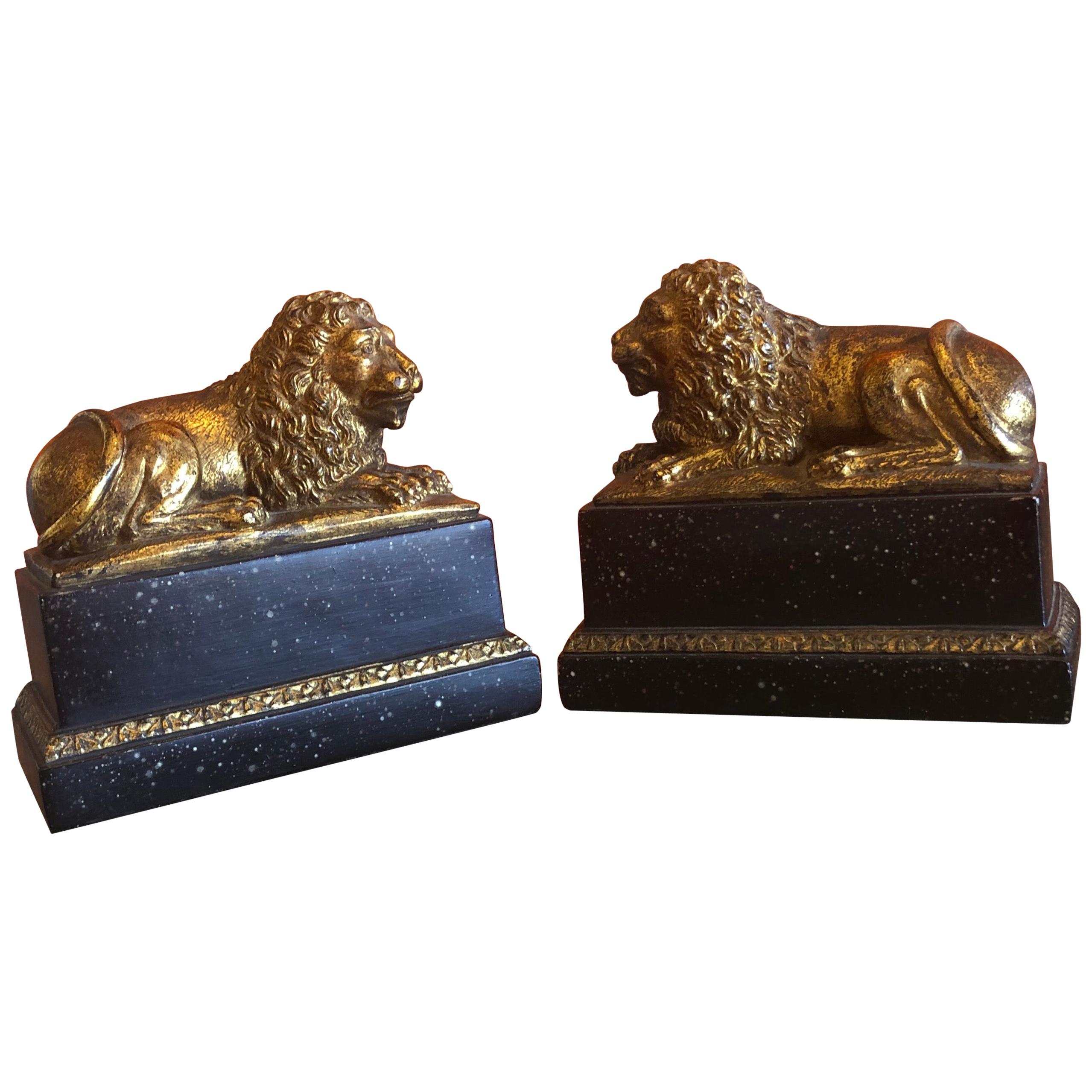 Pair of Hollywood Regency Gold Gilt Lion Bookends by Borghese For Sale