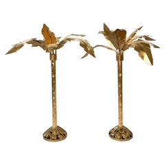 Pair of Hollywood Regency Gold Gilt Metal Palm Tree Sculptures