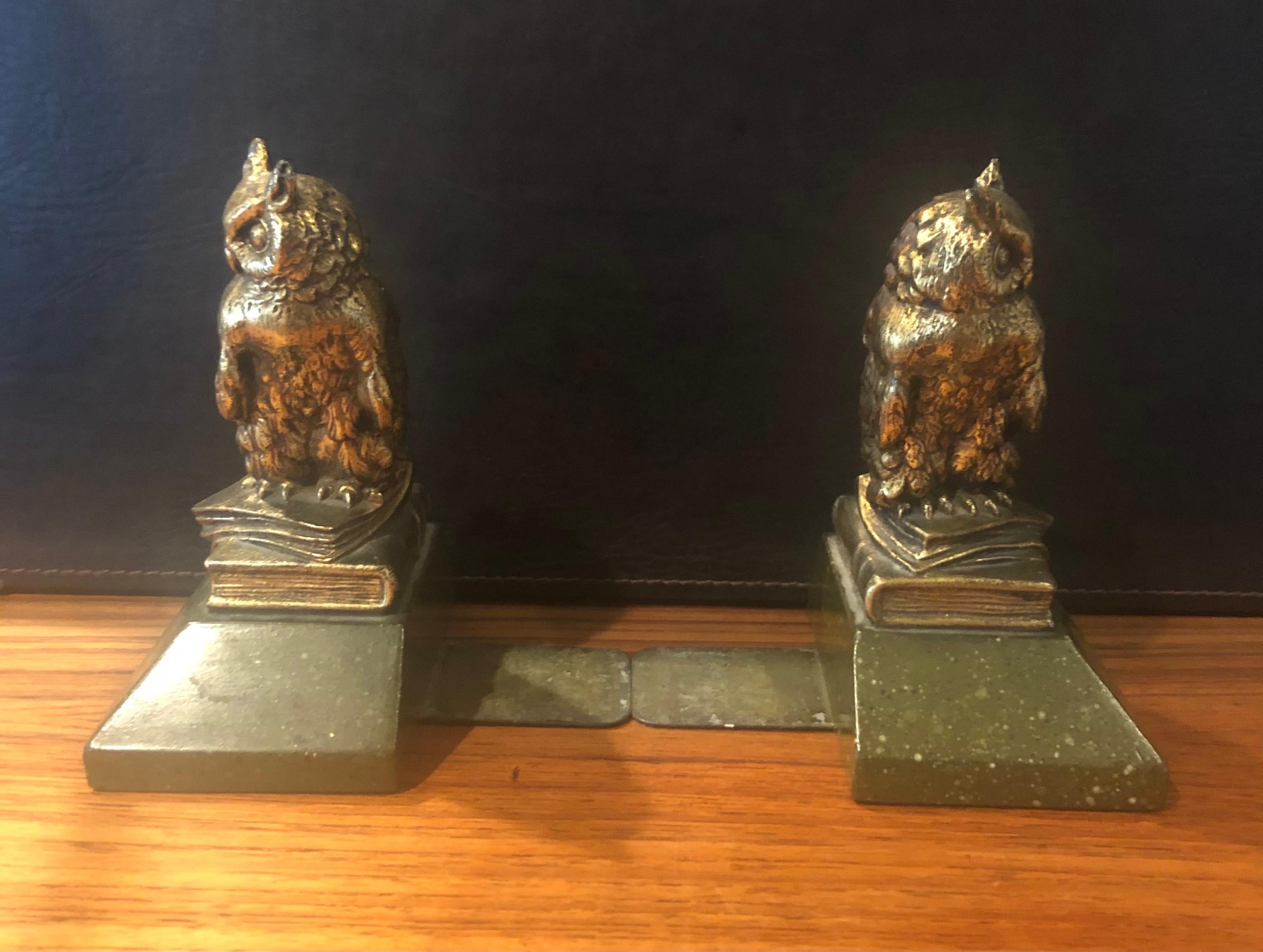 Italian Pair of Hollywood Regency Gold Gilt Owl Bookends by Borghese