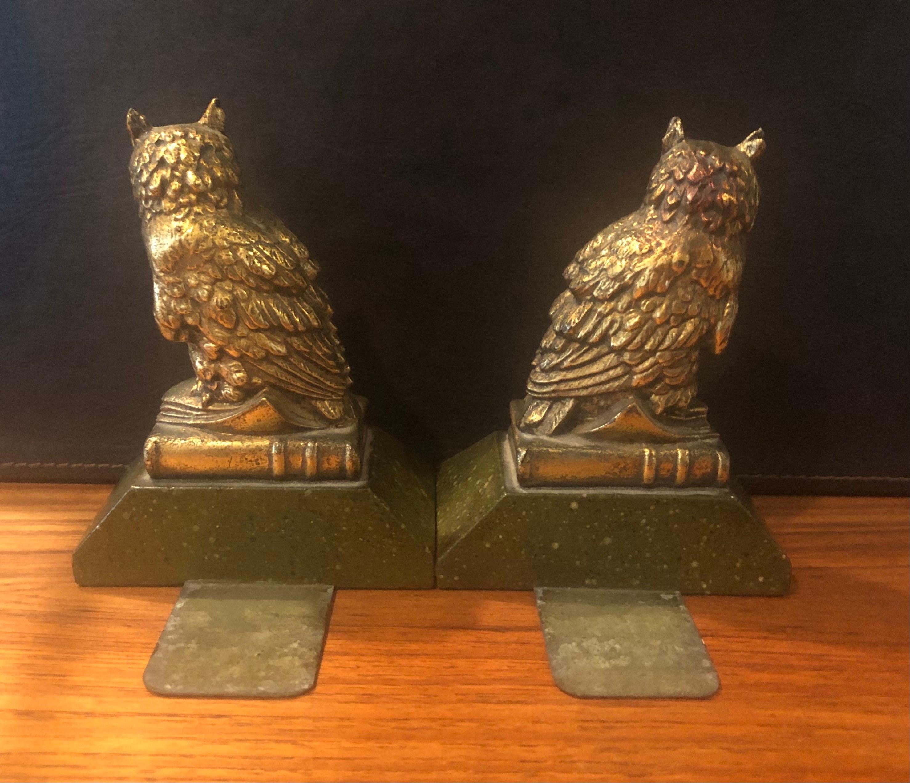 Cast Pair of Hollywood Regency Gold Gilt Owl Bookends by Borghese