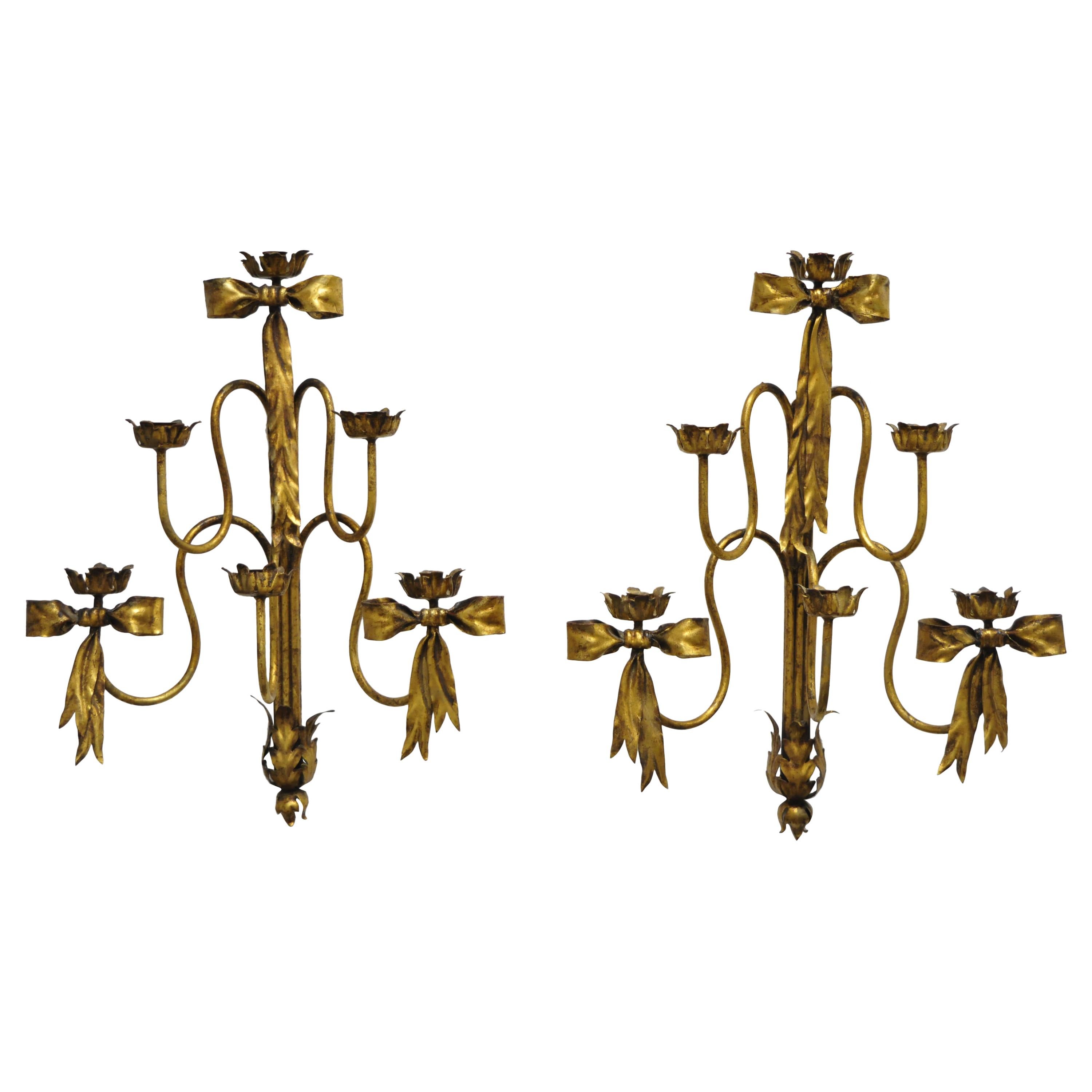 Pair of Hollywood Regency Gold Iron Bow Tole Metal Wall Sconces Candelabra