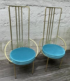 Pair of Italian Mid Century Modern Brass High-Back Armchairs, Blue Velvet Seats