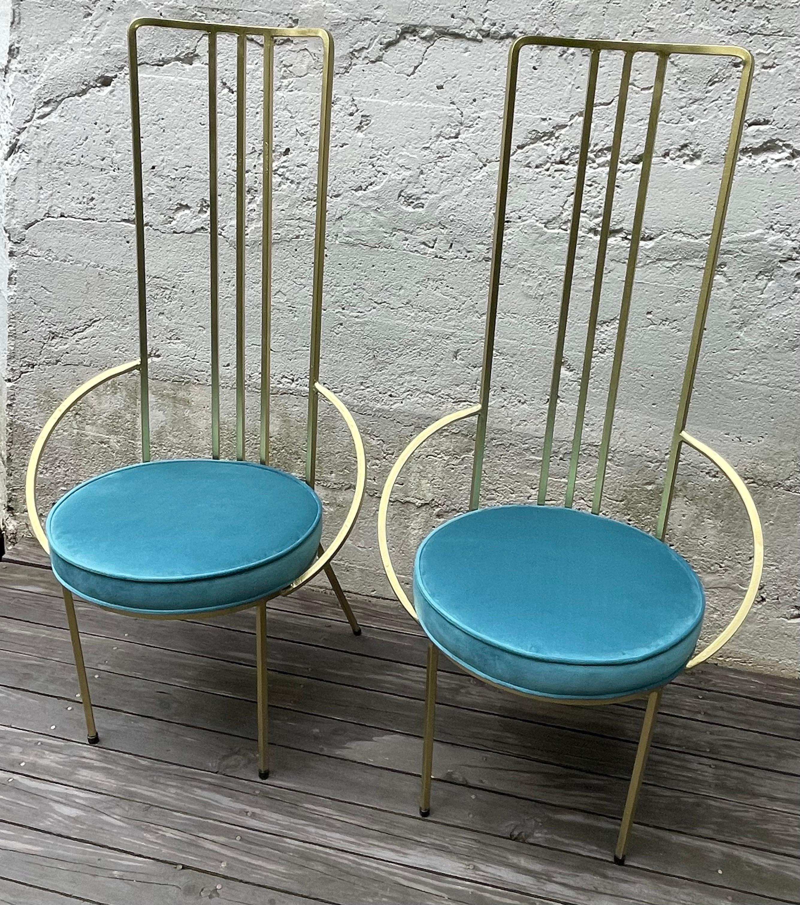 American Pair of Hollywood Regency Gold Leaf Iron Side Chairs, Round Blue Velvet Seats For Sale